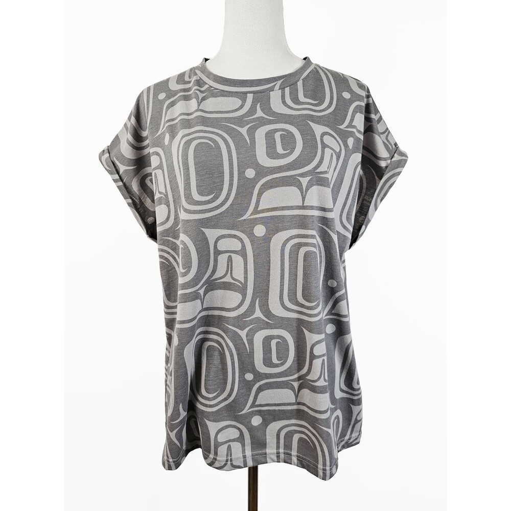 Native Northwest Large Gray Women's Capped Sleeve Native NW Coast Art Shirt